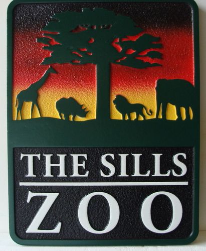 O24640 - The Sills Zoo Ranch Sign, Sandblasted HDU, with Elephant, Giraffe, Lion and Rhino as Artwork