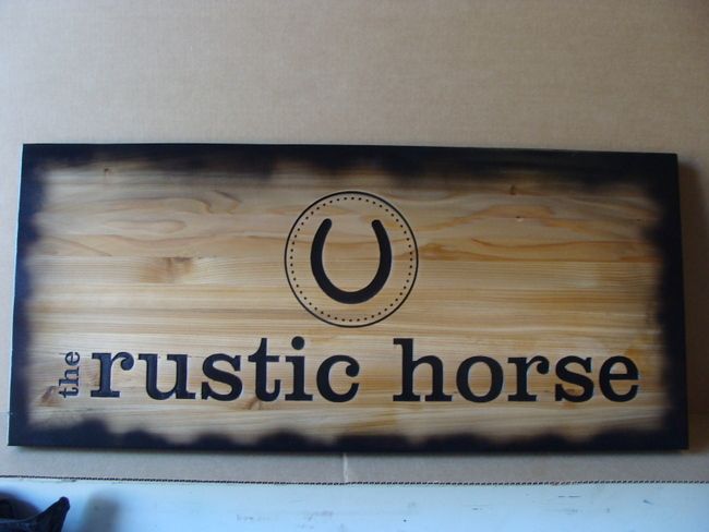 P25220 - Engraved Cedar Sign for "The Rustic Horse", with Horseshoe
