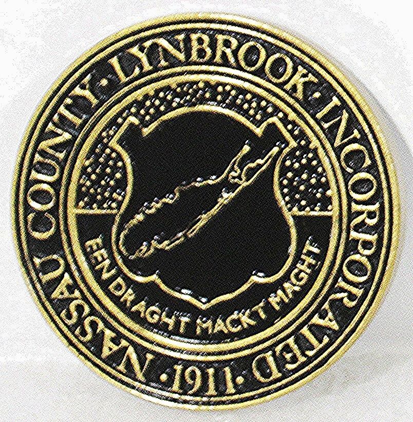 CP-1365 - Carved 2.5-D Outline Relieg Gold-Leaf Gilded Plaque of the Seal of Nassau County-Lynbrook, State of New York 