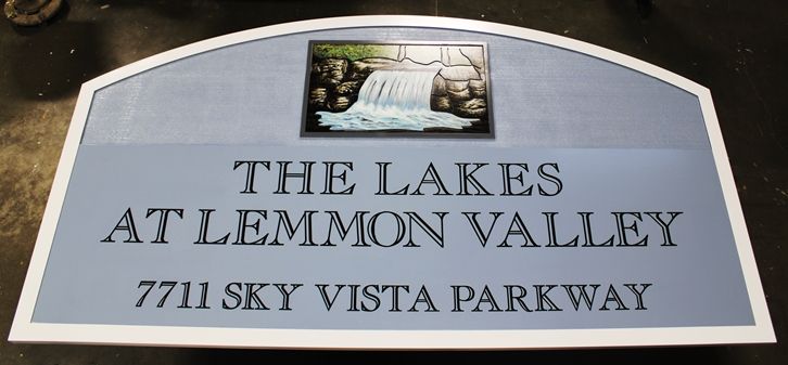 M22417 - Carved Property and address name sign "The Lakes at Lemmon Valley"  with  Waterfall as Artwork