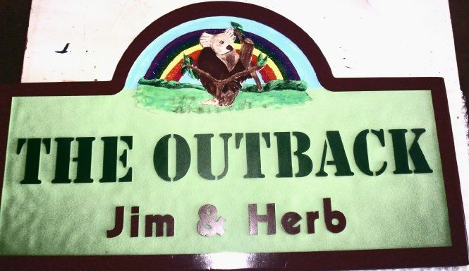 M22964 - Carved HDU Residence Sign "The Outback" with Carved Koala Bear in a Tree and Rainbow