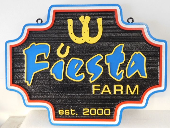O24266 - Carved and Sandblasted Entrance Sign for the  "Fiesta Farm" , with  with Two Gold Horseshoes as Artwork  