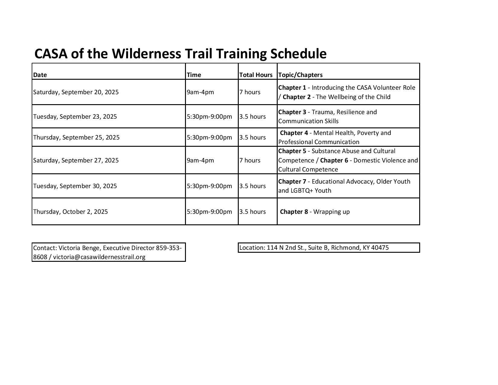 September 2025 Training Schedule