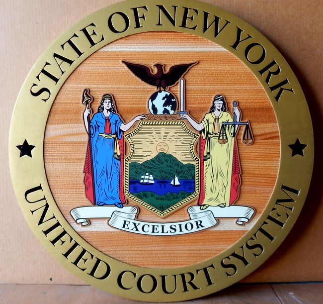 BP-1390 - Carved Plaque of the Seal of the State of New York, Giclee Print on Cedar Wood
