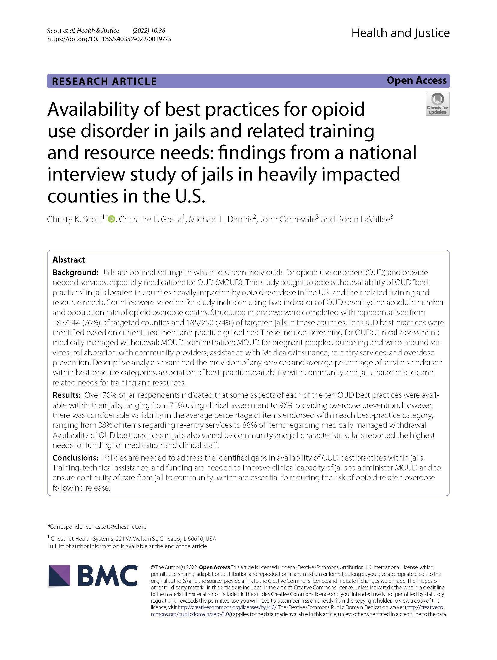 Availability of Best Practices for OUD in Jails and Related Training and Resource needs: Findings from a National Interview Study of Jails in Heavily Impacted Counties