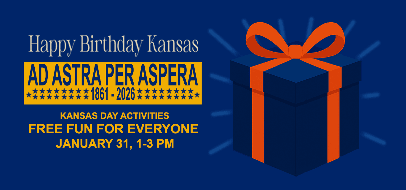 Image with words about Kansas Day Open House and picture of a birthday present