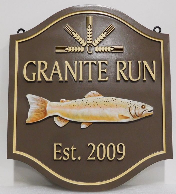 M22555 - Carved Lake House Property Name Sign "Granite Run" with Mounted Trout as Artwork