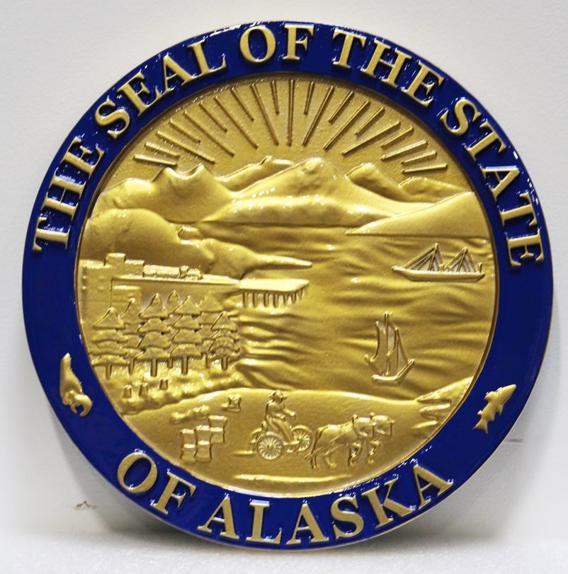 BP-1005 - Carved 3-D Bas-Relief HDU Plaque of the Seal of the State of Alaska 