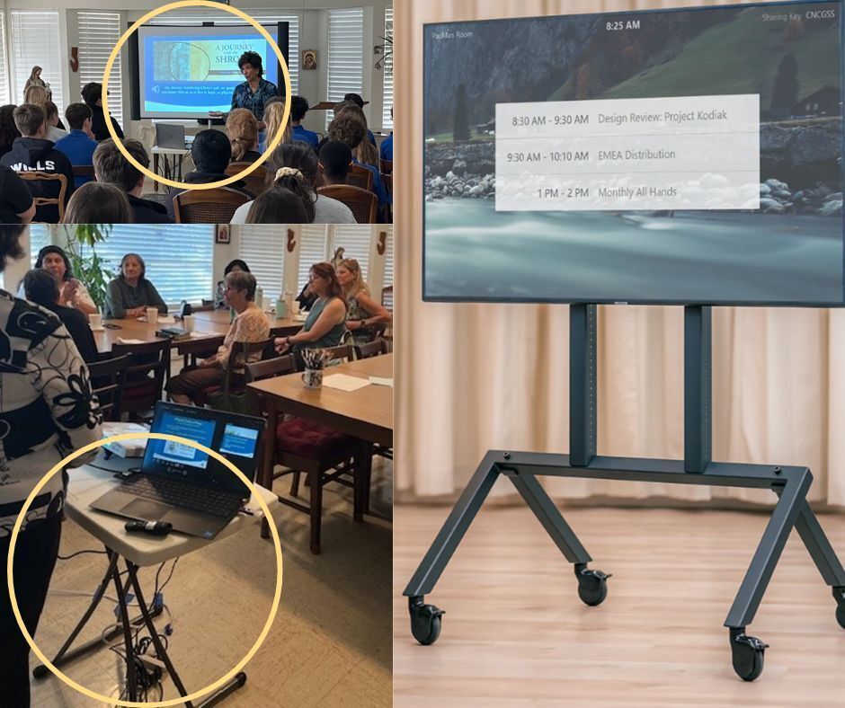 Collage displaying side by side comparison of current audiovisual setup compared to an interactive display on a new A.V. cart