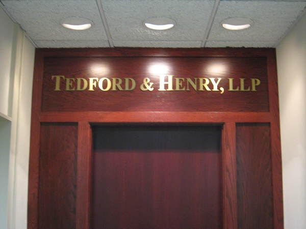 Interior Hallway, Office / Suite, Entrance Sign, Firm Name in Raised Dimensional Letters, Brass Laminate