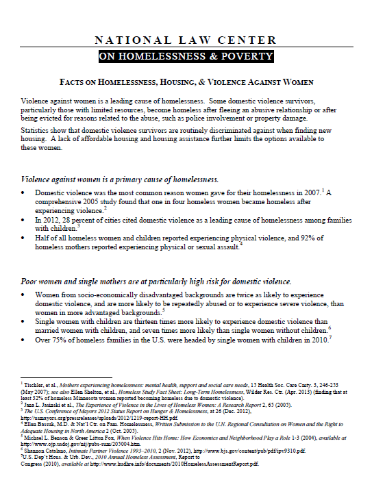 Fact Sheet on Homelessness, Poverty, and Violence Against Women