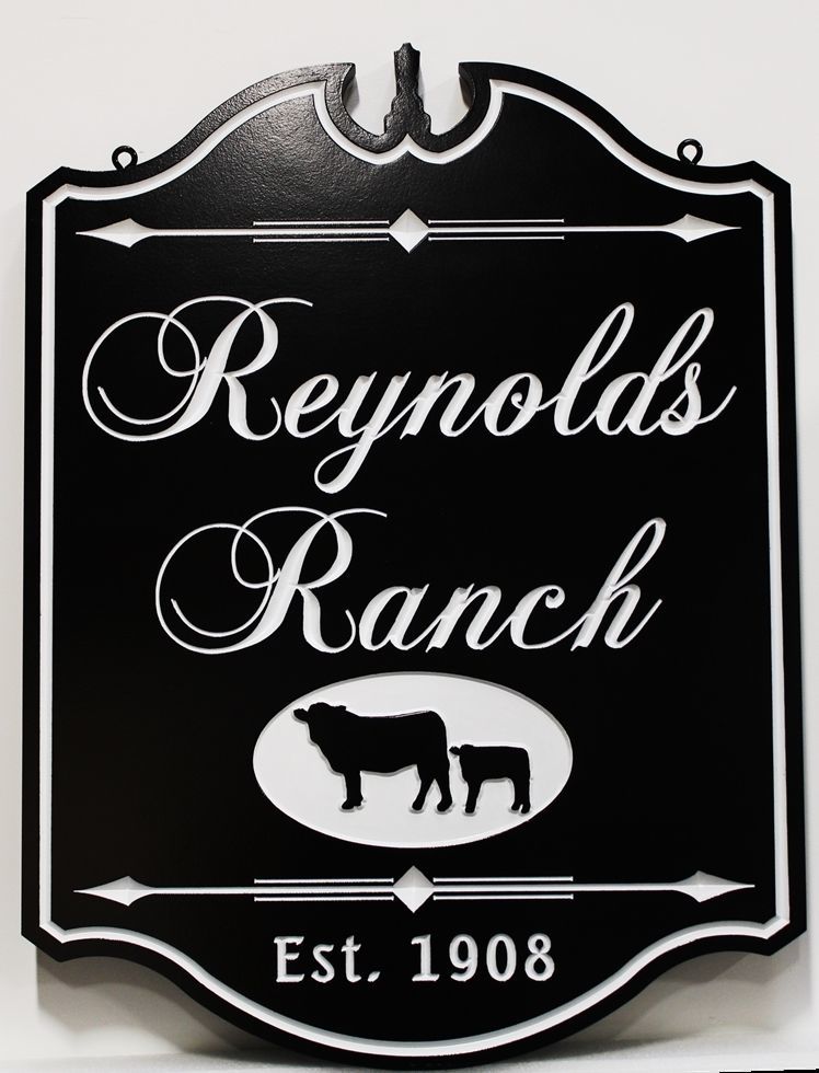 O24138 - Engraved  HDU Sign for  "Reynold's Ranch"., with Cow and Calf as Artwork
