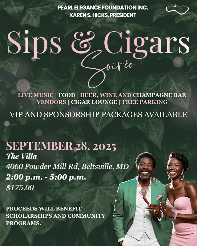 Event flyer for Sips & Cigars Soirée on September 28, 2025, hosted by Pearl Elegance Foundation Inc. and Alpha Kappa Alpha Sorority, Inc. The flyer features a man and a woman, possibly of African descent, dressed elegantly, with the event details in styli