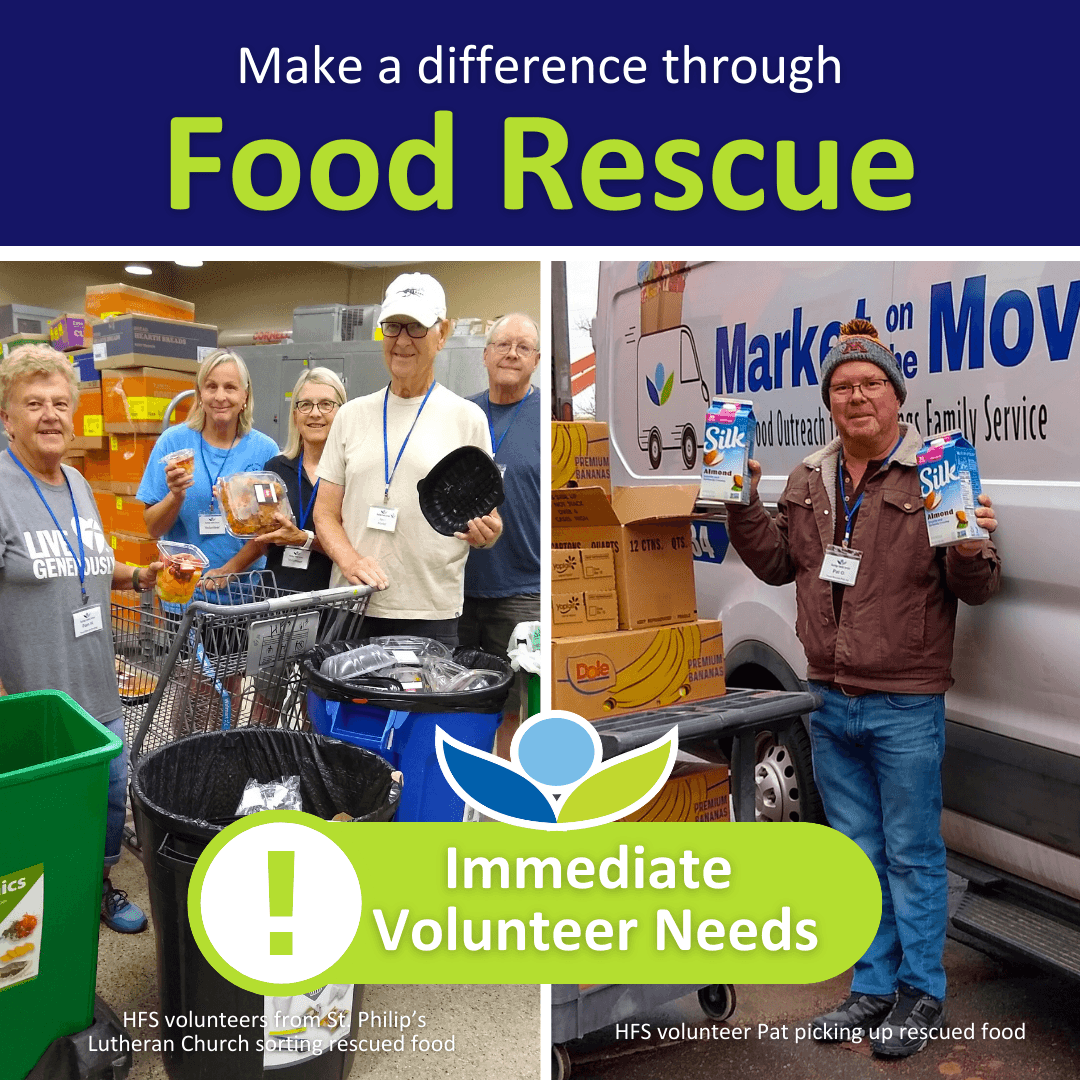 Group of volunteers sorting food with organics and recycling bins in front and another photo of a volunteer standing near the HFS Market on the Move refrigerated van holding up soy milk next to a cart of boxes.