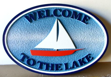 L21312 - Carved and Sandblasted Sign for Home "Welcome to the Lake", with Sailboat