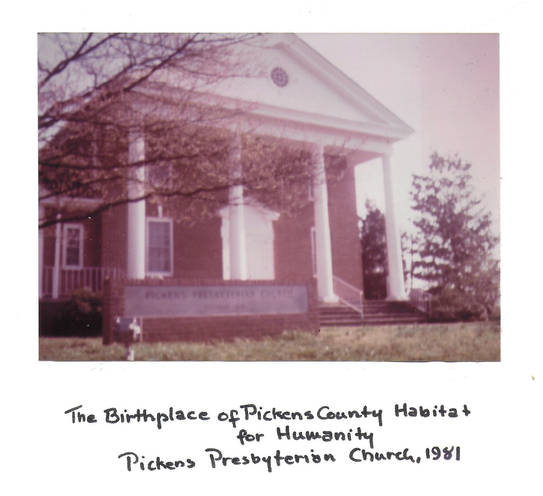 Pickens Presbyterian Church, a brick building with white columns, is pictured in 1981. 