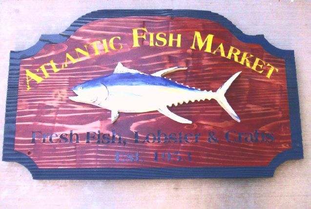 M3516 - Rustic Fish Market Sign for Fresh Fish, Lobsters and Crabs with 3-D Carved Mounted Fish (Galleries 20 and 25) 