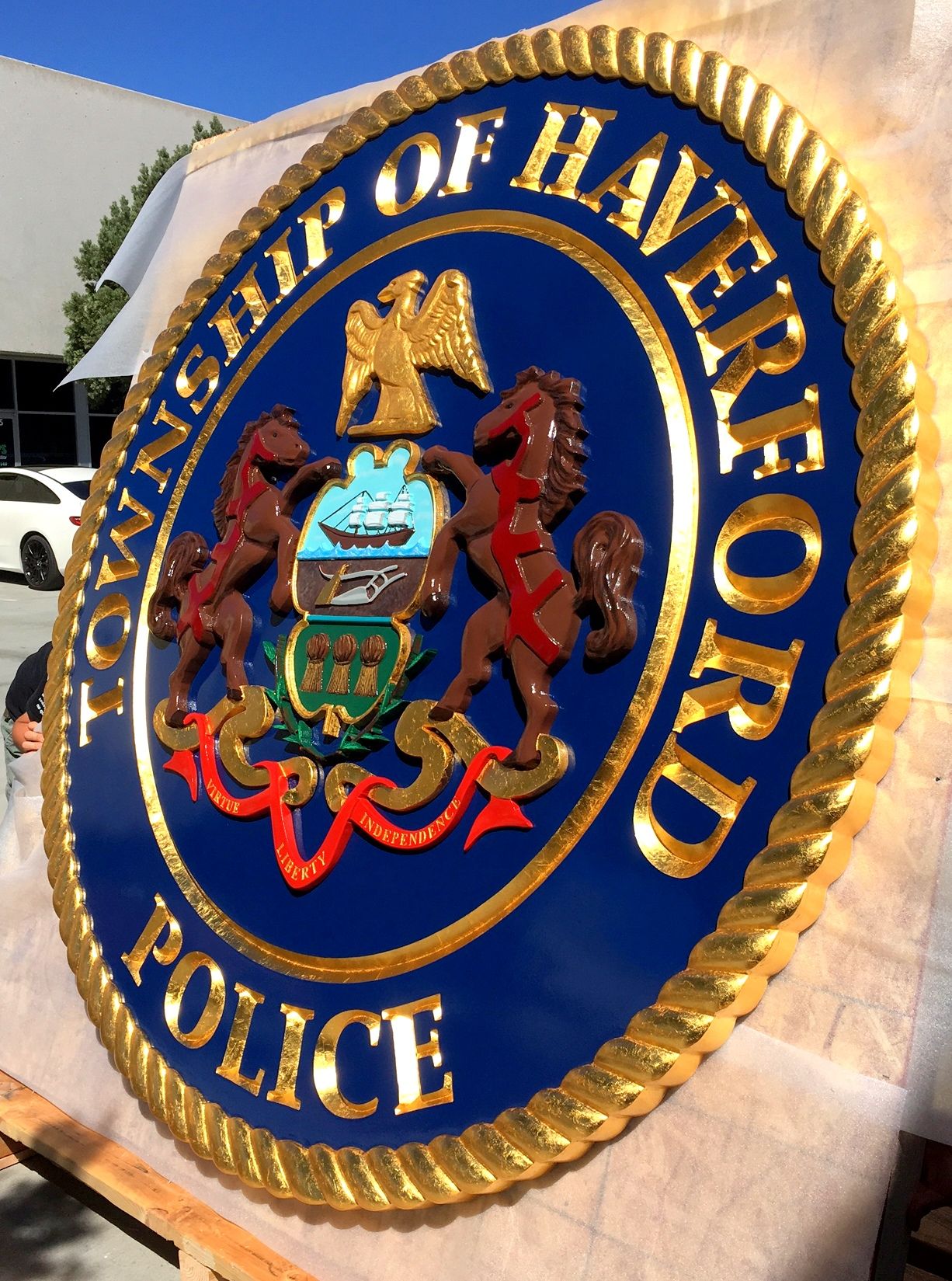 PP-3020 - Large Carved  Plaque of the Seal of the Township of Haverford Police, Pennsylvania,  Artist Painted with Gold Leaf Gilding