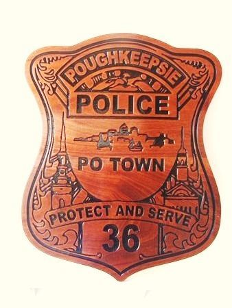PP-1593- Engraved Wall Plaque of the Police  Badge of  Poughkeepsie, N. Y. ,  Cedar Wood
