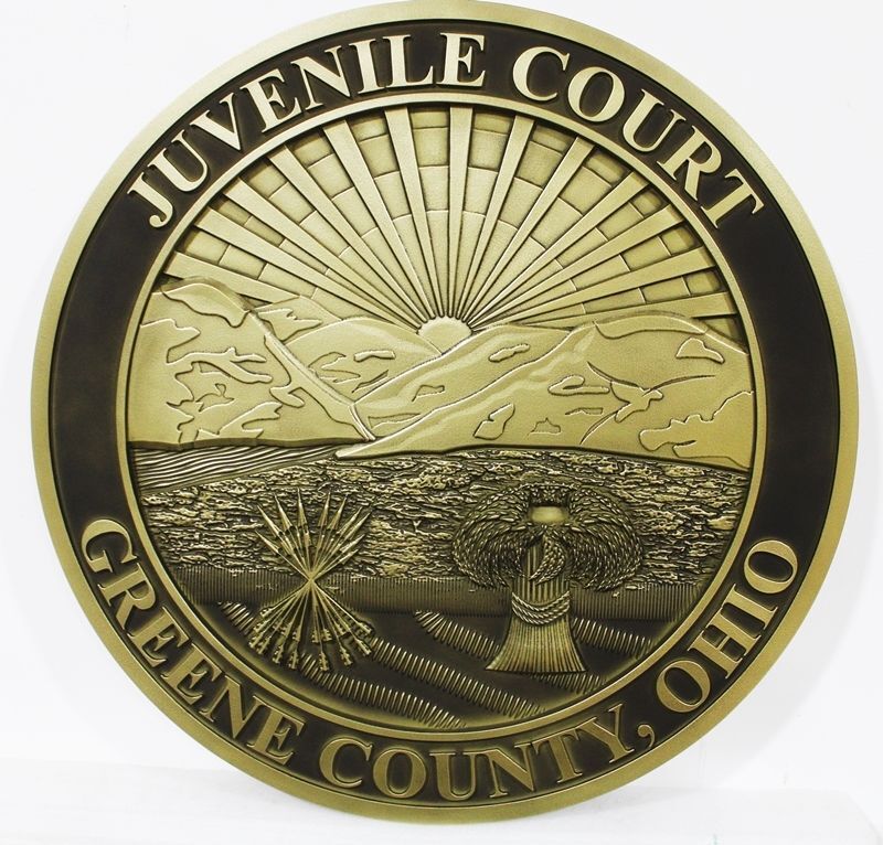 HP-1112 - Carved 3-D Bas=Relief Brass-Plated Plaque of the Seal of the Juvenile Court of Greene County, Ohio 