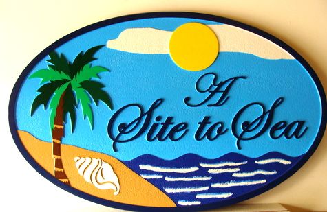 L21109 - Carved Beachfront Home Sign, "A Site to Sea", with Ocean, Beach, Palm Tree and Conch Shell