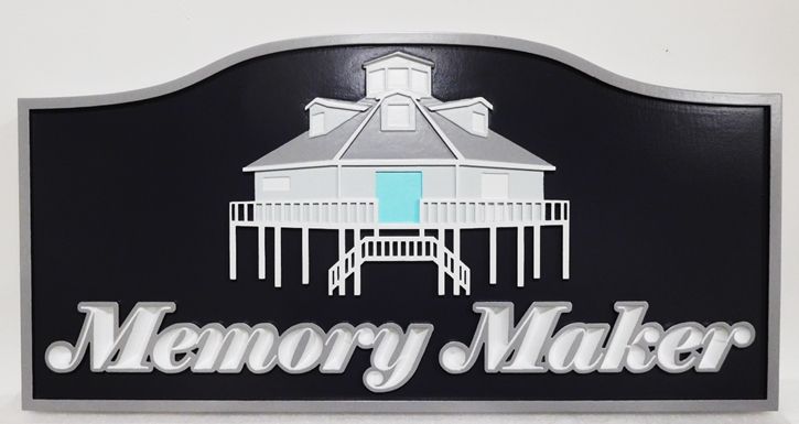 L21925 - Carved HDU Beach House Name Sign "Memory Maker", 2.5-D Artist-Painted Beach House on Piers as Artwork