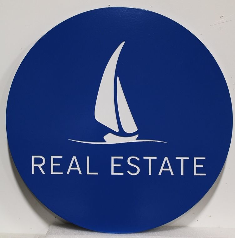 C12344 - Carved  High-Density-Urethane (HDU) Sign for a Real Estate Firm, with a Stylized Sailboat as Artwork. 