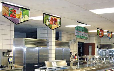 School café serving line with 4 banners and main sign hanging from ceiling, custom signs, food banners