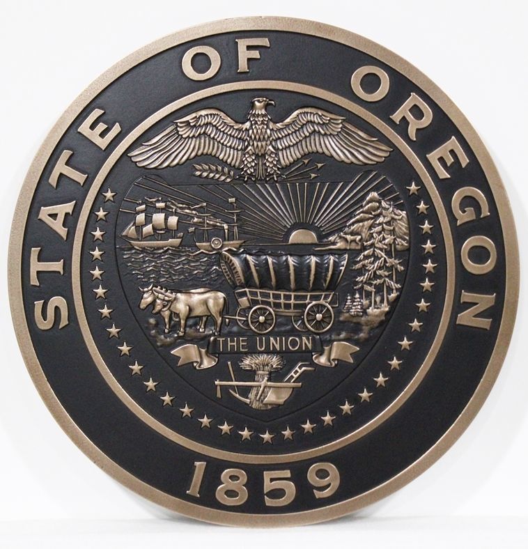 BP-1464 - Carved 3-D Bas-Relief Bronze-Plated HDU Plaque of the Great Seal of the State of Oregon 