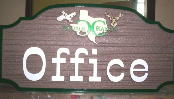 T29404 - Carved and Sandblasted (Wood Grain Pattern) Elliptical  HDU Office Sign for Dude Ranch, with Texas and Brand as Artwork