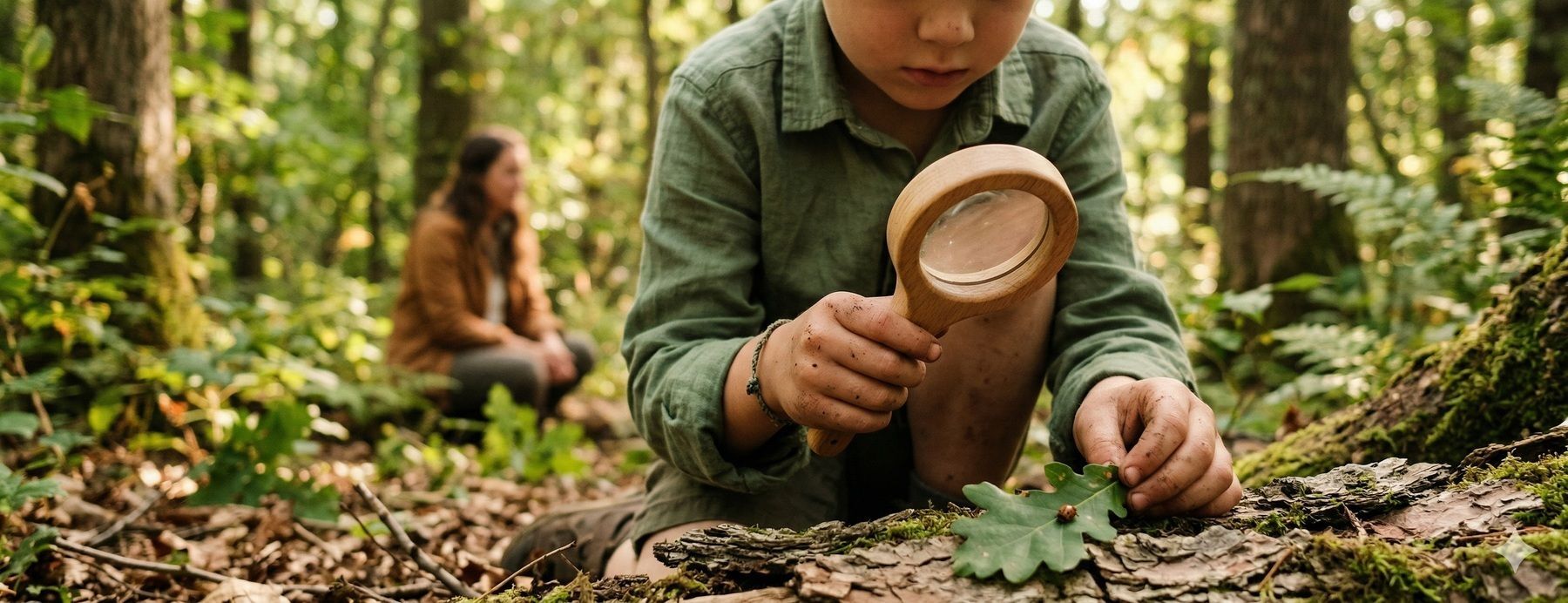 A child exploring the forest floor with a wooden magnifying glass during a Wild Roots nature-based learning adventure.