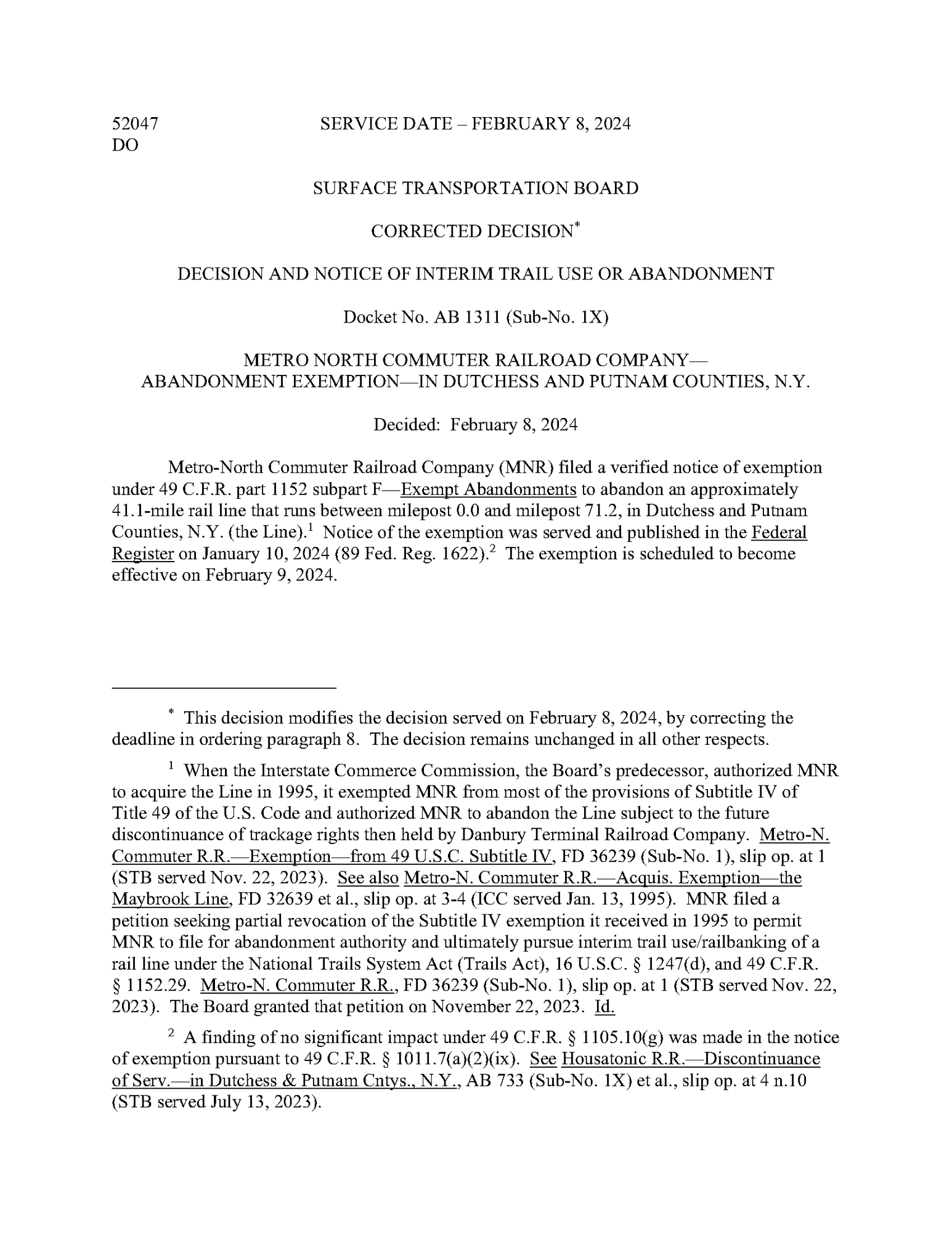 Notice of Interim Trail Use 2/8/2024