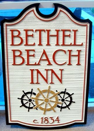 L21764 -Sandblasted HDU Sign for Bethel Beach Inn  with Wood Grain Background and Carving of Three Ship's Wheels