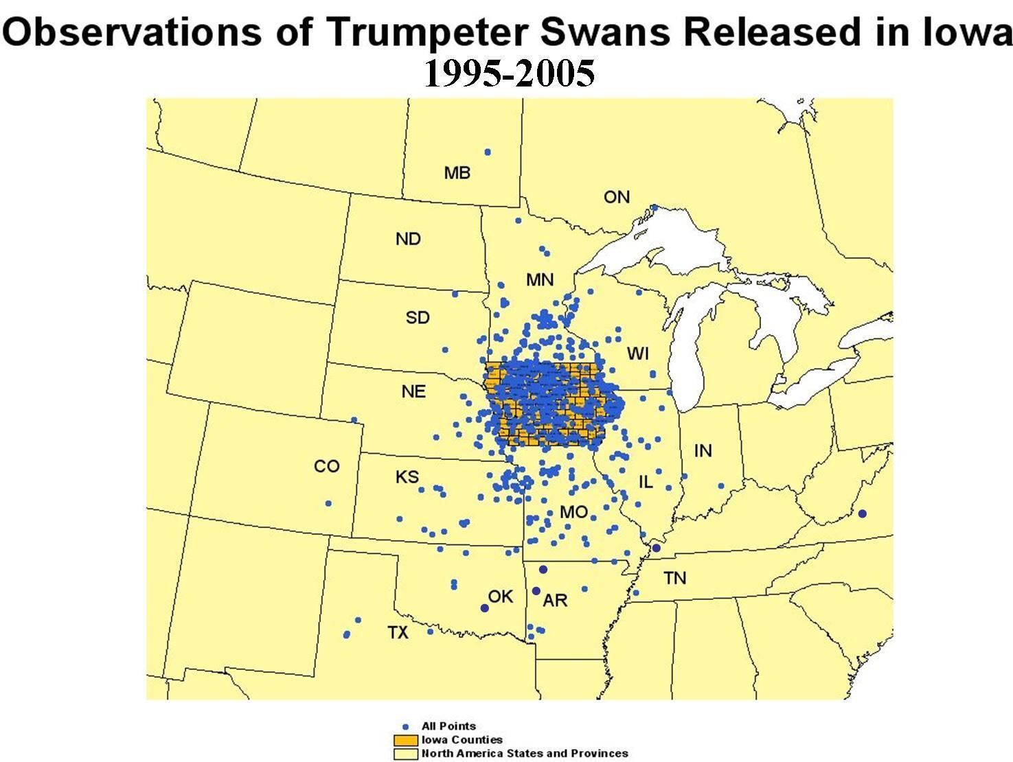 Map of places where Iowa swans have been spotted