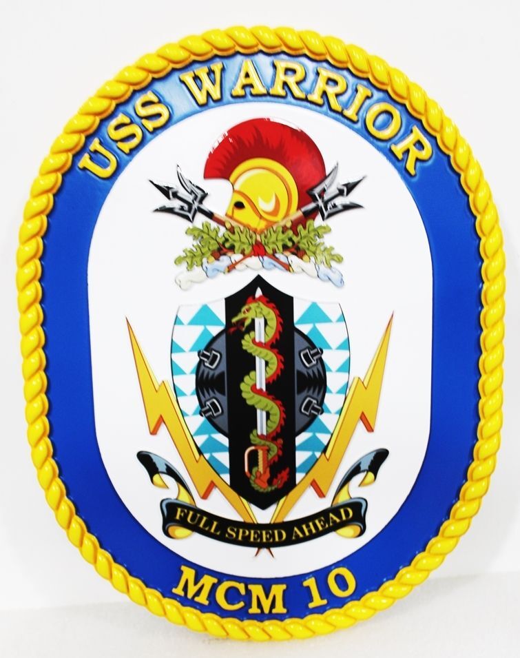 JP-1280 - Carved Plaque of the Crest of the USS Warrior, MCM 10, an Avenger class Mine Countermeasure Ship