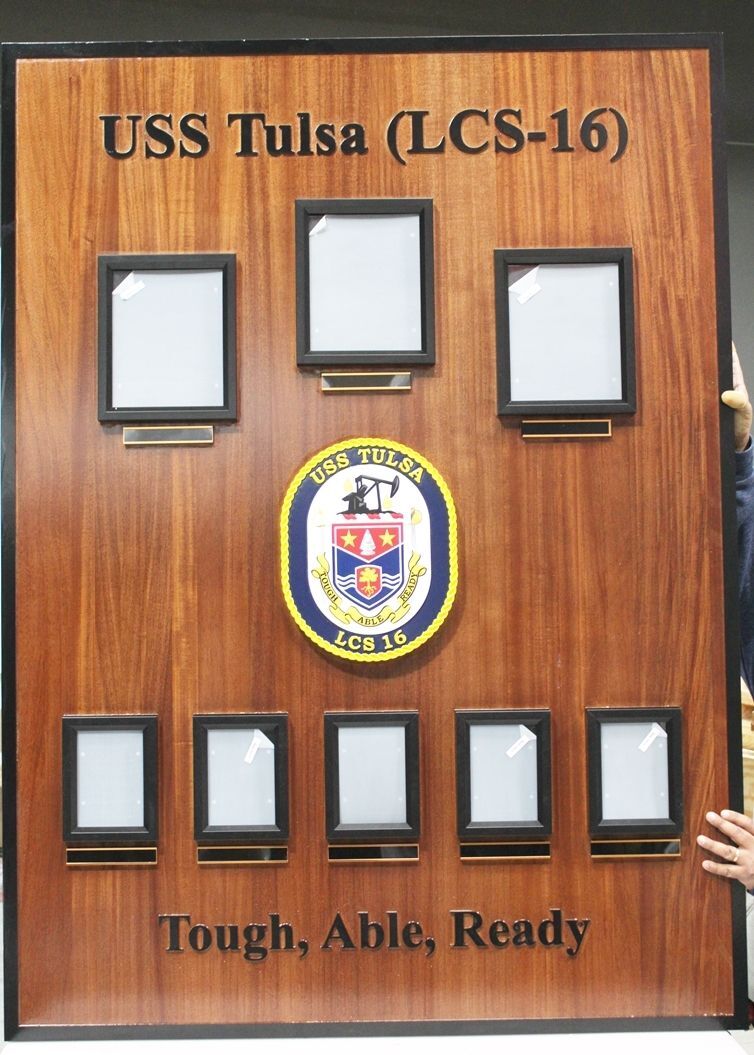 JP-1337 - Carved Mahogany Wood Chain-of-Command Photo  Board for the USS Tulsa (LCS-16), a Littoral Combat Ship