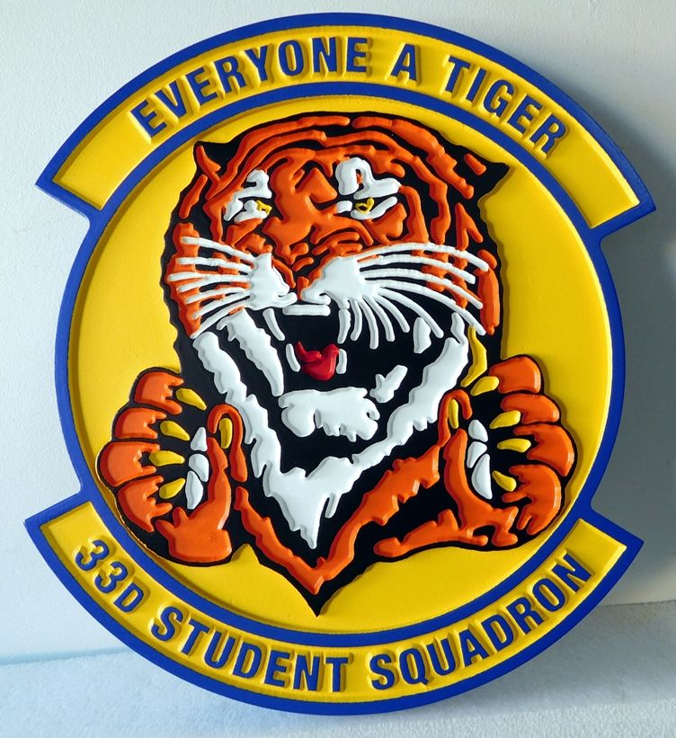LP-5060 - Carved Round  Plaque of the Crest of the 33rd Student  Squadron, "Everyone a Tiger",  Artist Painted