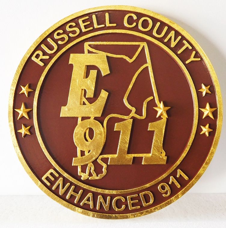 X33378 - Carved 2.5-D HDU , with 24K Gold Leaf Gilding, Plaque for Russell County, AL