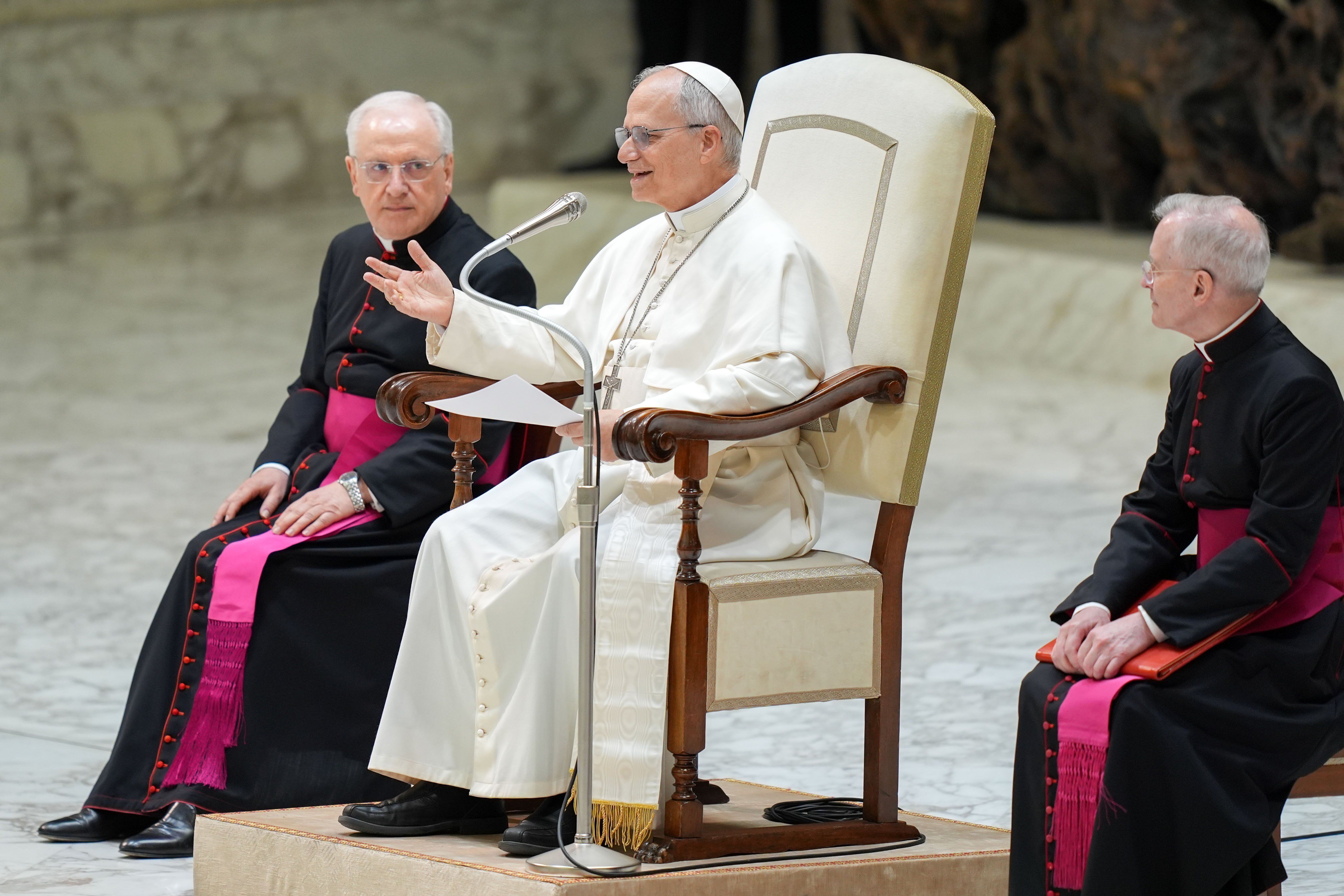 Poppe Leo XIV speaking from his seat. CNS/Lola Gomez