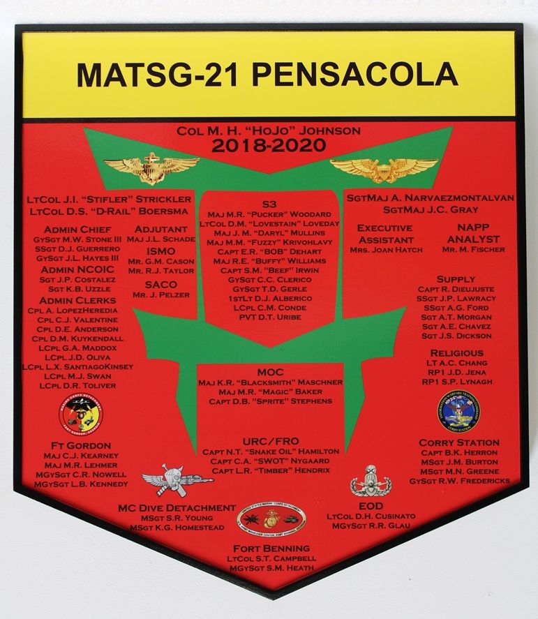 SA1398 - Chain-of-Command  and Personnel Roster Plaque for MATSG-21 (Marine Aviation Training Support Group) Pensacola, Carved from High-Density-Urethane (HDU)