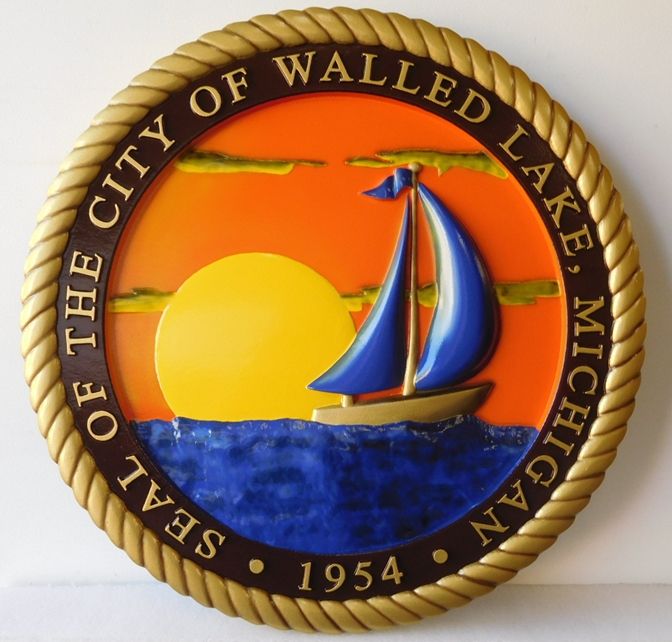 DP-2330 - Carved Plaque of the Seal of the City of Walled Lake, Michigan, Artist Painted