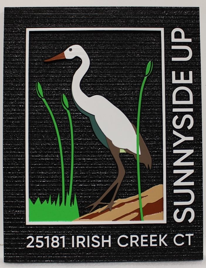 M22809 - Carved 2.5-D  Coastal Residence Name and Address Sign "Sunnyside Up", with a Crane Standing in a Marsh as Artwork