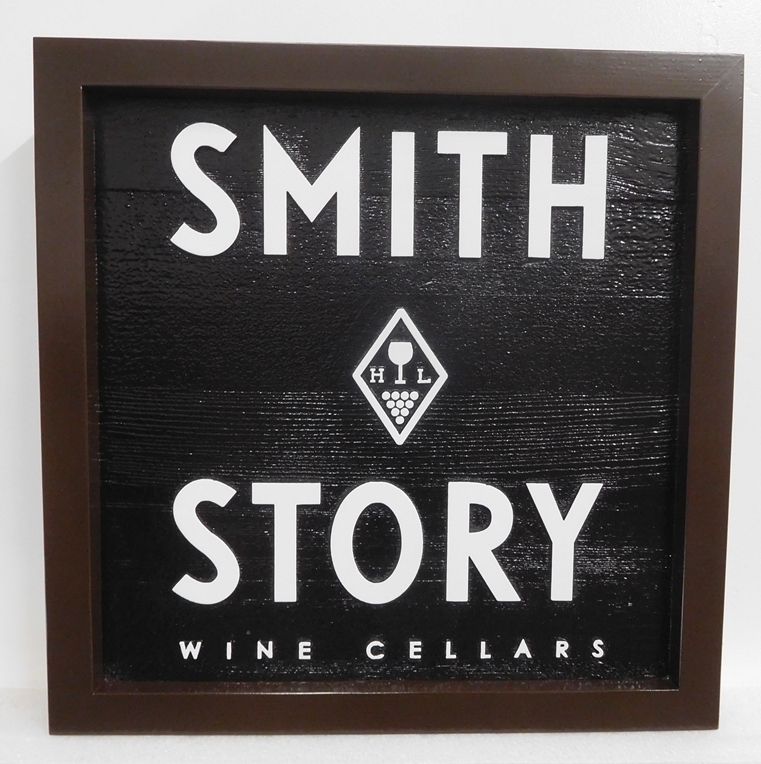 R27081 - Carved Cedar Sign for  "Smith Story Wine Cellars"  with  2.5-D Raised  Logo,  Text and  Border.