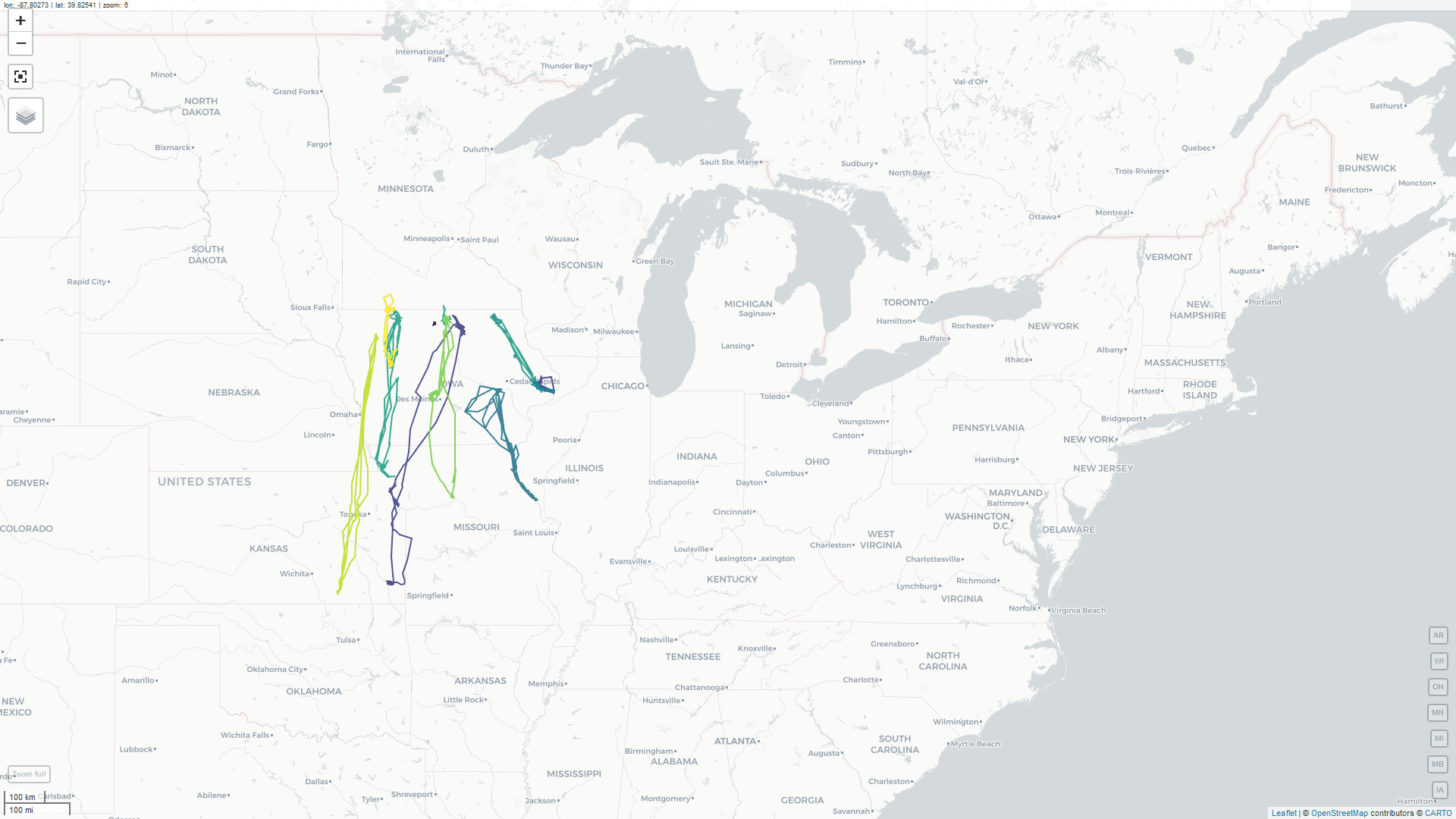 Map showing Iowa swans' year round travels