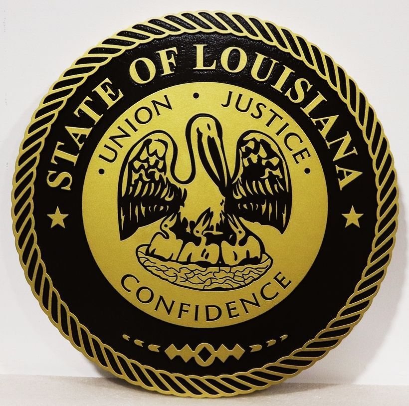 BP-1247 - Carved Plaque of The Great Seal of the State of Louisiana, 2.5-D Raised Multi-Level & Engraved  Relief, Artist-Painted