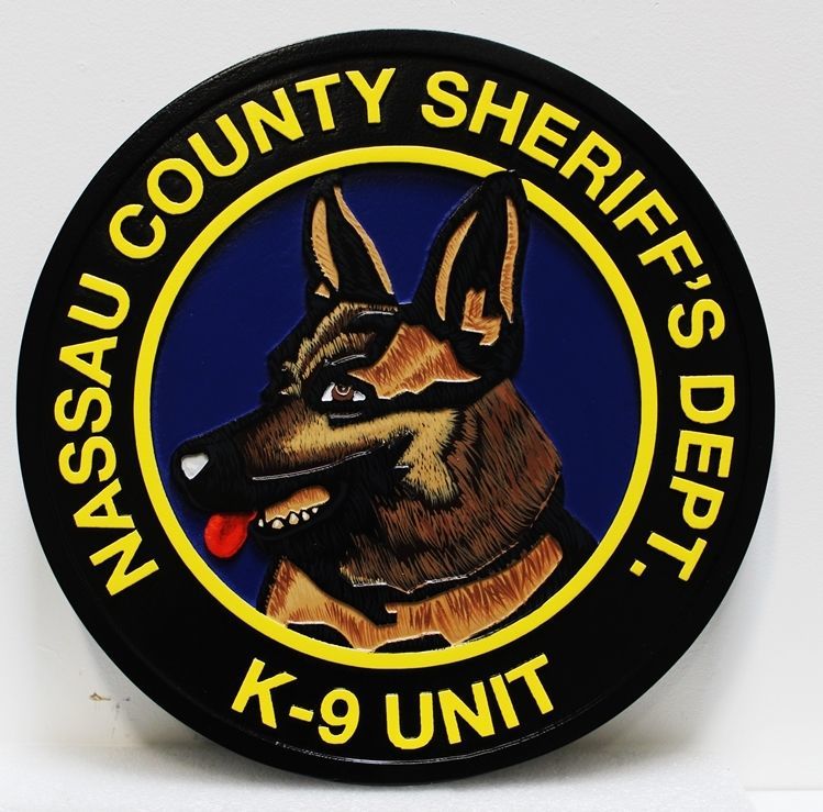 PP-3323 - Carved 2.5-D Multi-Level Raised Relief  HDU Plaque of the Emblem of the K-9 Unit of the Nassua County Sheriff's Department 