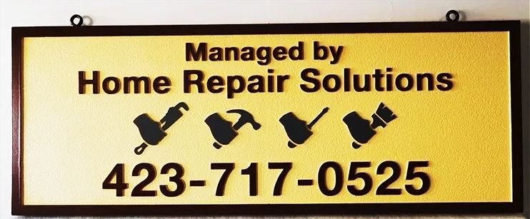 SC38130- Carved and Dandblasted Hanging Sign for the "Home Repair Solutions" Business, 2.5-D Artist-Painted  