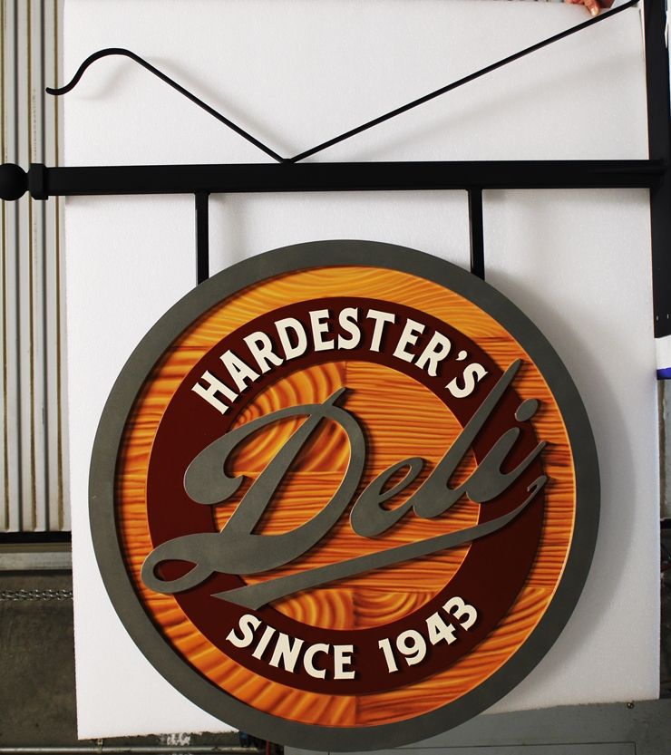 SA28362 - Carved Multi-Level HDU Sign for Hardester's Deli, with Faux Wood Grain Background and Custom Iron Scroll Bracket 