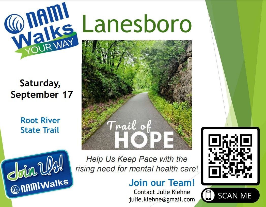A poster displaying the date and a picture of the trail for NAMIWalks Lanesboro: Trail of Hope 