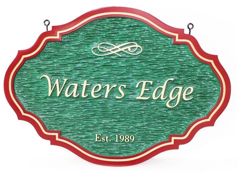 L22192 - Carved 2.5-D Raised Relief Coastal Residence HDU Sign  "Waters Edge "